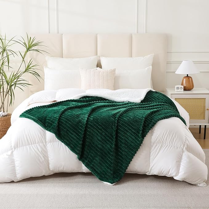 Green Sherpa Fleece Throw Blanket 50?€???60?€? for Couch Sofa Bed,Double Side Soft Fuzzy Cozy Plush Thick Flannel Blanket with Striped Design Gift for Adults,Woman,Girls