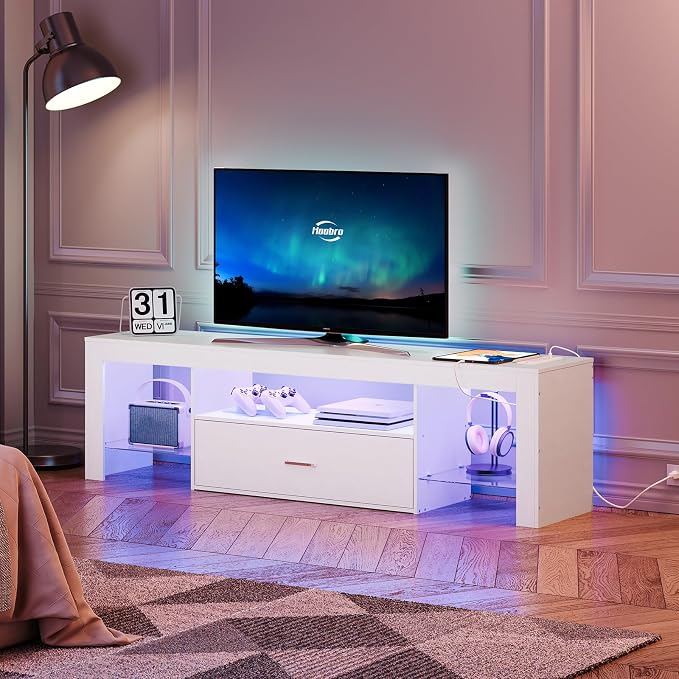 HOOBRO LED TV Stand with Power Outlets to 65 inch TV, Gaming Entertainment Center with Glass Shelves and Large Drawer, Modern Media TV Console Table for Living Room Bedroom, White WT14UDDS01 - Image 2