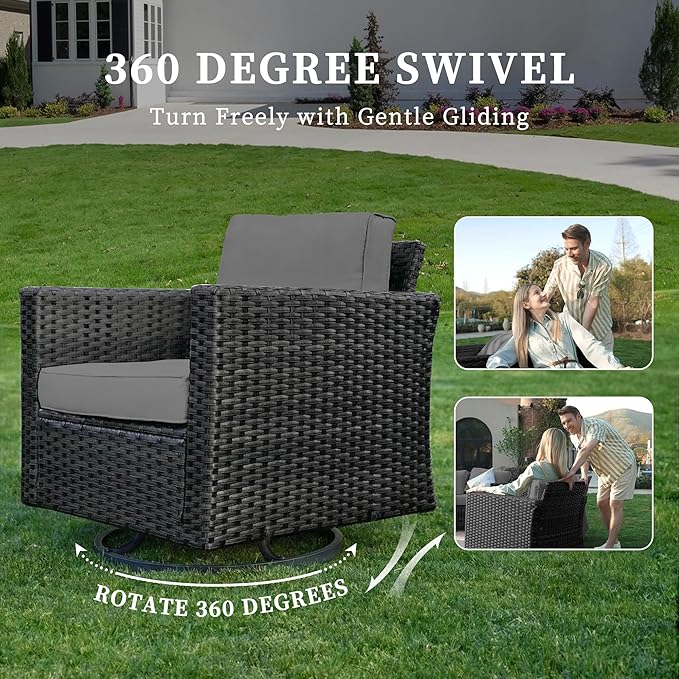 UDPATIO Patio Furniture Set, 5 Pieces Outdoor Conversation Sets with Rocking Swivel Chairs, Wicker Rattan Outdoor Sofa Set with Storage Table and Waterproof Covers for Backyard, Deck, Porch, Grey