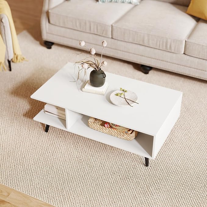 GOFLAME Wood Coffee Table, 2-Tier Mid Century Modern Center Table with 2 Open Storage Compartments & Metal Legs, Rectangular Accent Tea Tables for Living Room, Home Office, Apartment, White