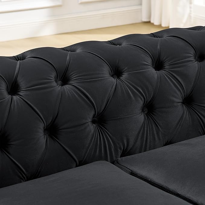 KEIKI 2-Piece Luxury Chesterfield Sofa Set with 1 Velvet 3-Seater Sofa & 1 Loveseat Sofa, 5-Seater Couch Set with 4 Pillow, Gold Stainless Decoration and Rolled Arms, for Living Room, Black