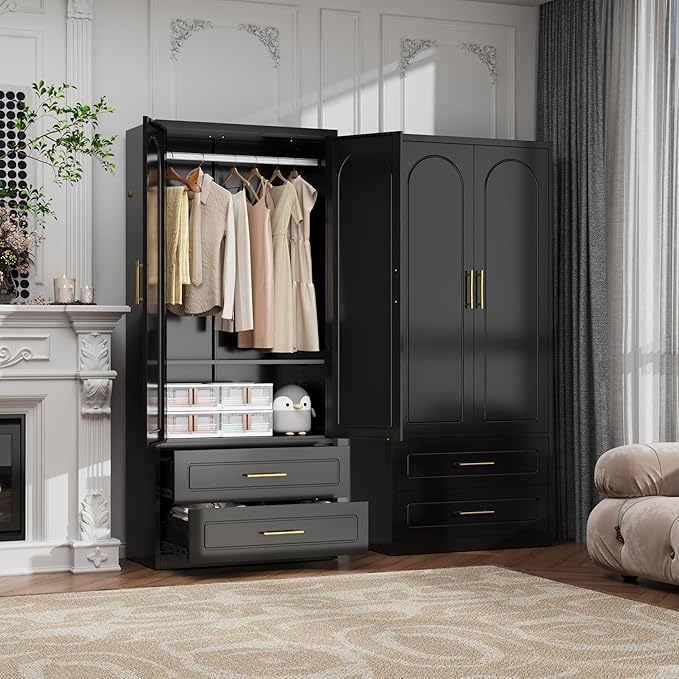 71" Metal Armoire Wardrobe Closet with Doors, Tall Wardrobe Cabinet with 2 Drawers, Hanging Rod and Adjustable Shelves, Black Clothing Storage Cabinets for Bedroom, Home Office