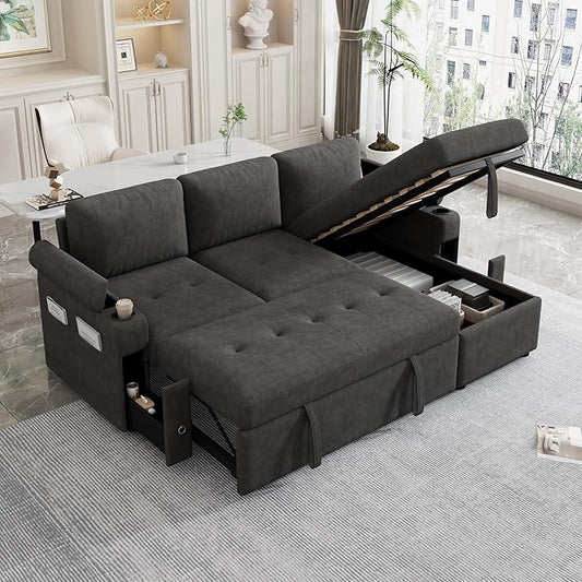 Eafurn 83.5" Sleeper Sectional Sofa with Pull Out Couch Bed, Convertible L-Shaped Sofa with Storage Chaise, Quick Assemble Sleeper Corner Sofa with Cup Holders & USB Ports