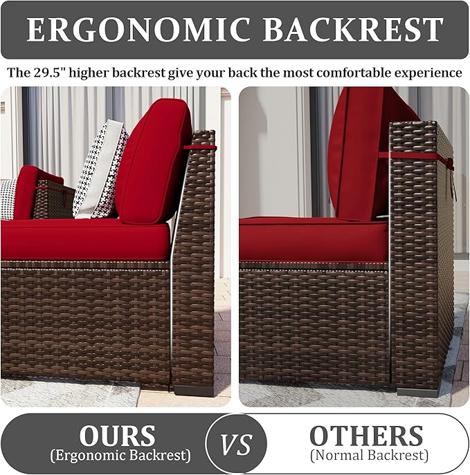 Patio Furniture Set, 5 Pieces Outdoor Sectional Sofa Set, PE Wicker Rattan Slanted Back Outdoor Conversation Set with Cushions and Glass Coffee Table, Wine red