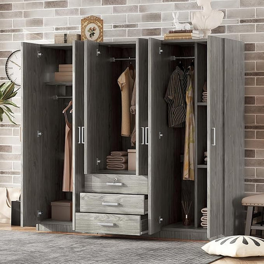 68" H Large 6 Doors Wooden Wardrobe Closet, Freestanding Armoire Wardrobe Closet Cabinet with 3 Drawers, Shelves and Hanging Rod for Hanging Clothes, Coat Closets for Bedroom, Gray