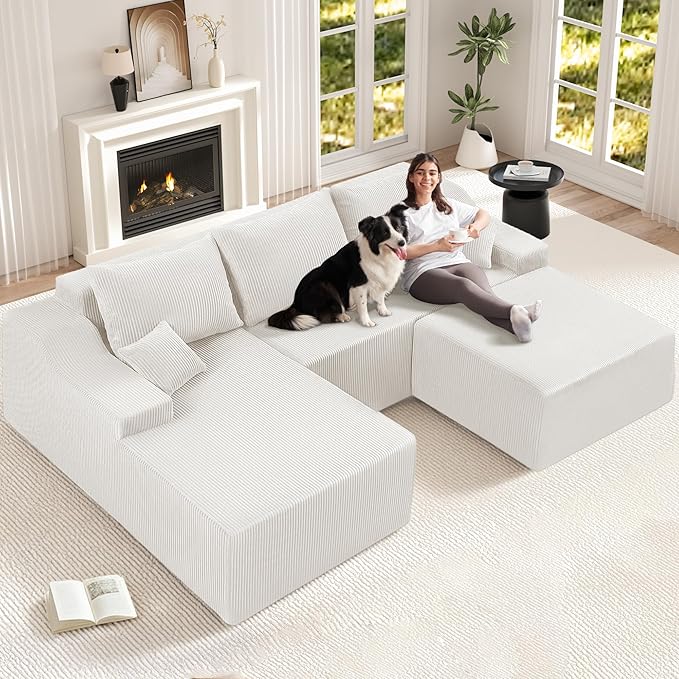 HABUTWAY 94“ U Shaped Modular Sectional Couch for Living Room, Modular Cloud Sofa with Ottoman, No Assembly Boneless Couches with Deep Seat, Corduroy Fabric (Beige, Left Facing) | Cloud Sofa, With Ottoman, No Assembly, Boneless, Deep Seat, Corduroy Fabric
