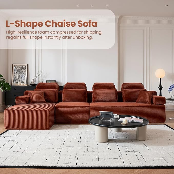 136" L Shaped Cloud Modular Sectional Sofa with Chaise & Headrest, Boneless Deep Seat Plush Corduroy Couches for Large Living Room, No Assembly Required (Orange, 136" L-shapred Chaise)