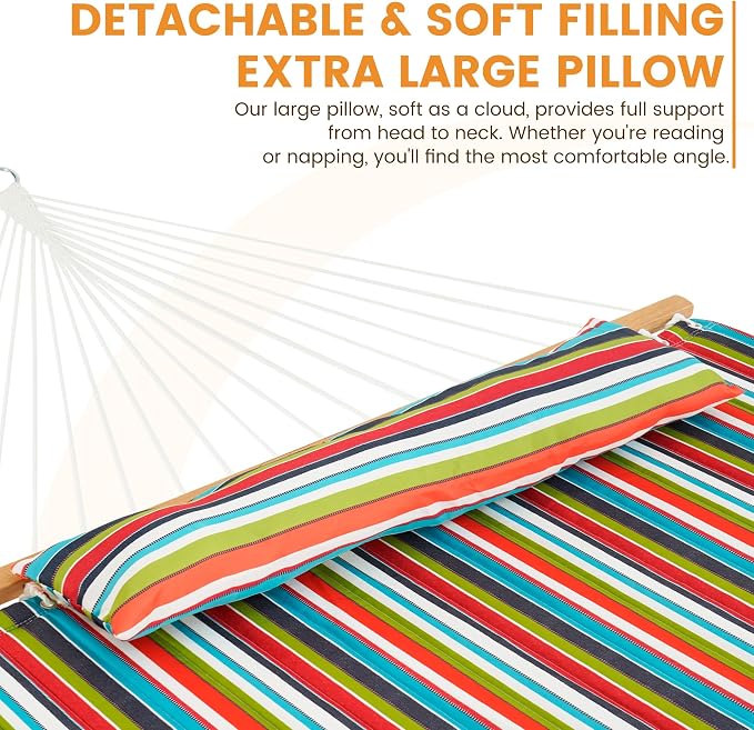 Lazy Daze Hammocks 12 FT Quilted Fabric Double Hammock with Spreader Bars and Detachable Pillow, 450lbs Weight Capacity, Bright Stripe - Image 3