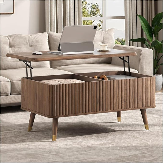 Lift Top Coffee Table with Storage, Mid Century Modern Rectangular Center Table, Fluted Design with Hidden Compartment, Rising Desk for Work from Home, Living Room Furniture, Walnut Finish