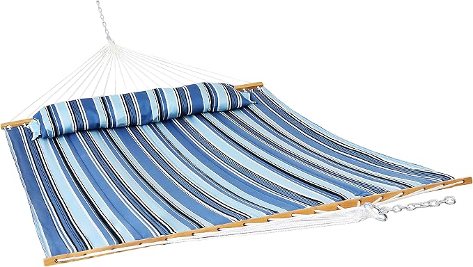 Sunnydaze Quilted Double Hammock for Outside with Spreader Bars and Pillow - 450 lb Capacity, 74x55 Inch Bed, UV Resistant, Quick Dry - Chains Included, Stand Sold Separately - Misty Beach - Image 10