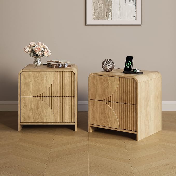 Nightstand Set of 2,Fluted Nightstand with Charging Station,20" Side Table with 2 Drawers Modern Night Stand Wooden End Table Bedside Table with Curved Design for Bedroom,Natural Oak by TROJMHome