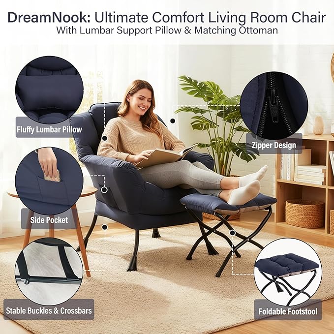 Lazy Chair with Ottoman, Modern Accent Chair with Lumbar Pillow, Navy Blue Sofa, Armchairs with Folding Footrest, Oversized Supportive Chairs for Bedroom, Reading