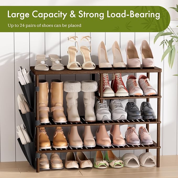 Bamboo Shoe Rack, 4 Tiers Shoe Organizer for Closet, Shoes Storage for 20-24 Pairs, Freestanding Shoe Shelf with Removable Pocket for Entryway Bedroom Front Door Dorm, Walnut Brown - Image 5