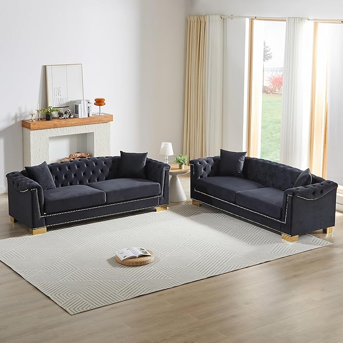KEIKI 6 Seat Chesterfield Sofa, Upholstered 3+3 Seat Couch with Rolled Arm, Modern Combination Sofa for Living Room, Bedroom, Office, Black