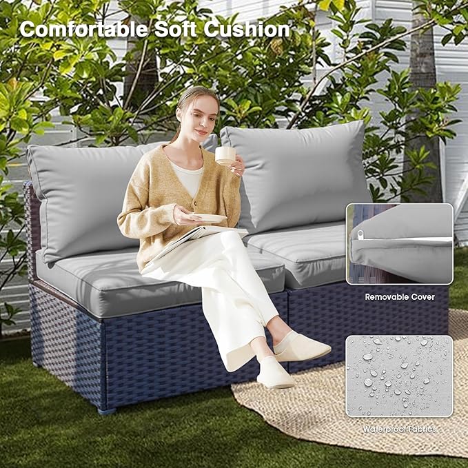 Patio Furniture Set Fire Pit Table 9 Piece All Weather PE Rattan Outdoor Sectional Sofa Couch with 8 x armless Sofa, No-Slip Cushions for Garden, Poolside, Backyard (Gray)
