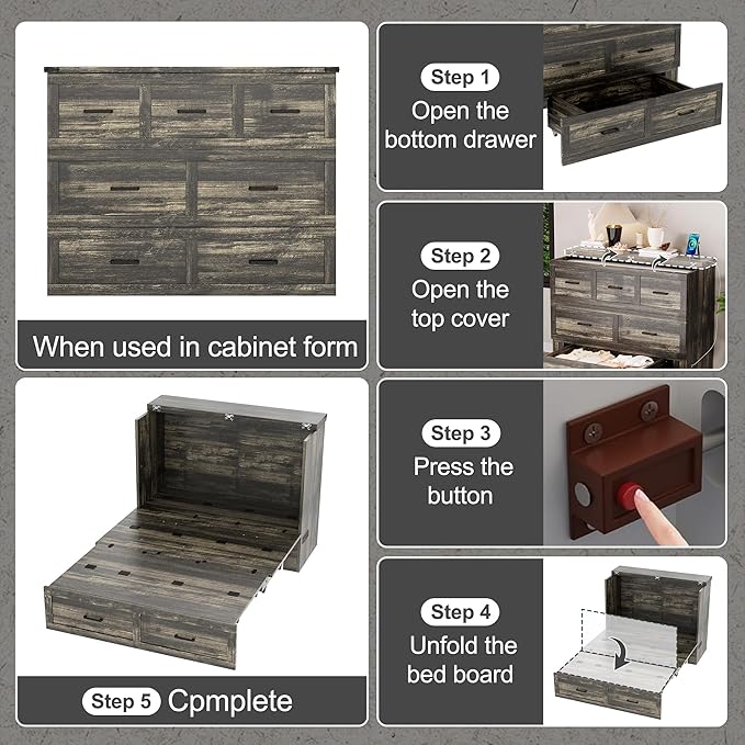 Bellemave Full Size Murphy Bed, Cabinet Bed with Charging Station and 1 Large Storage Drawer, Farmhouse Murphy Cabinet with Foldable Panel, Noisy Free, for Guest Bedroom, Living Room, Rustic Gray