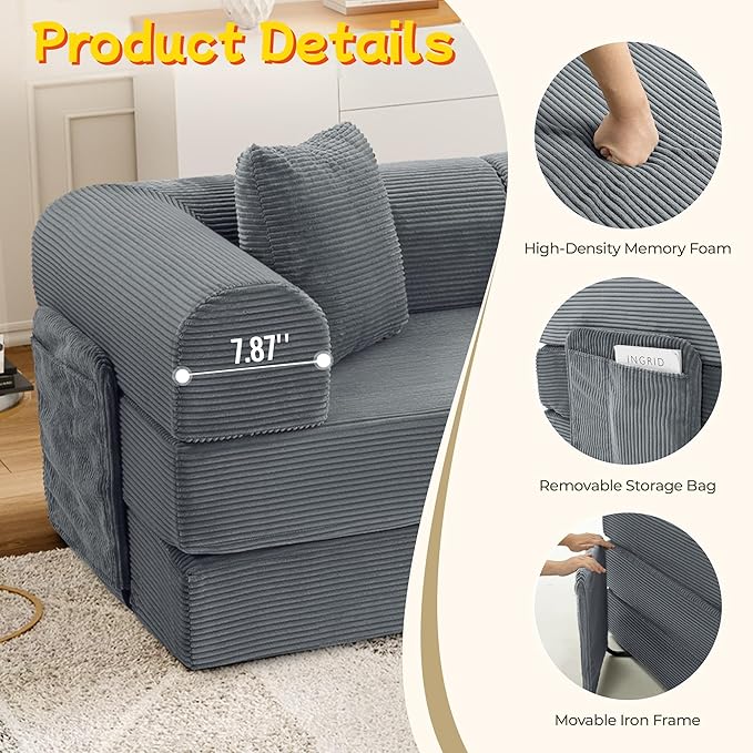 106.3" L Shape Convertible Sleeper Sofa Bed, Oversized Modular Sectional Cloud Sofa with Fixed-Shape Frame & Storage Pocket, Boneless Couch for Living Room, No Assembly Required, Dark Gray