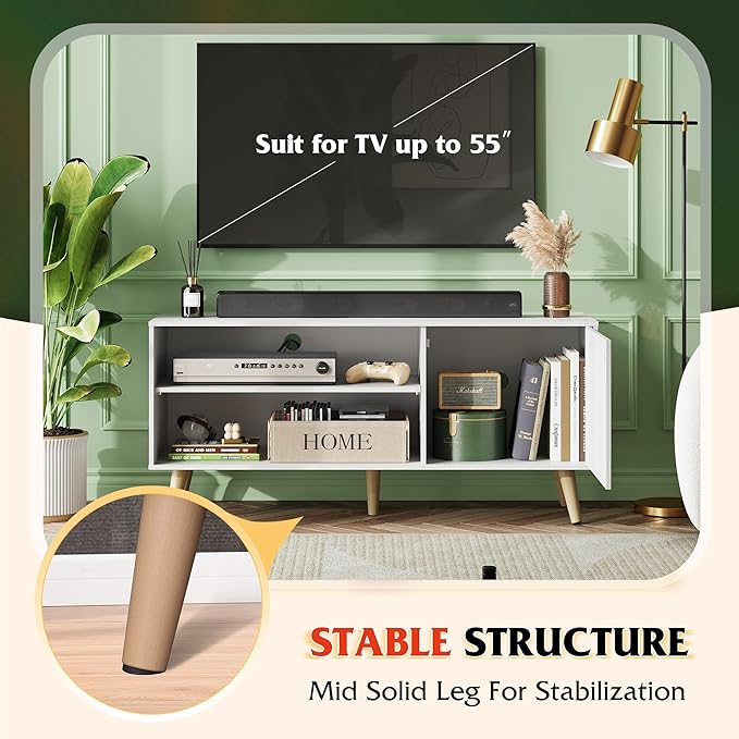 WLIVE TV Stand for 55 Inch TVs, Entertainment Center with Storage Cabinet, Mid-Century TV Stands for Living Room and Bedroom, 50" TV Console, White - Image 4