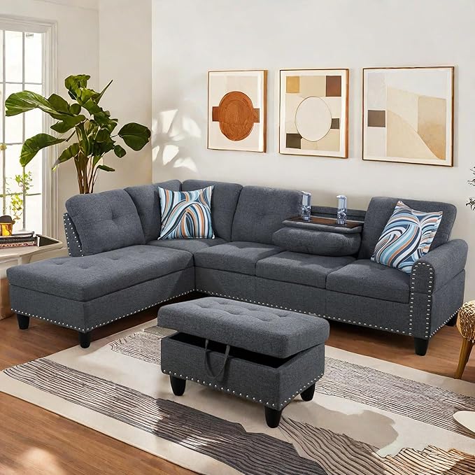 FONTOI L Shaped Sectional Couch with Otttoman, 97" Leather Sectional Sofa for Living Room Modular Couches with Cup Holders for Bedroom, Apartments, Grey