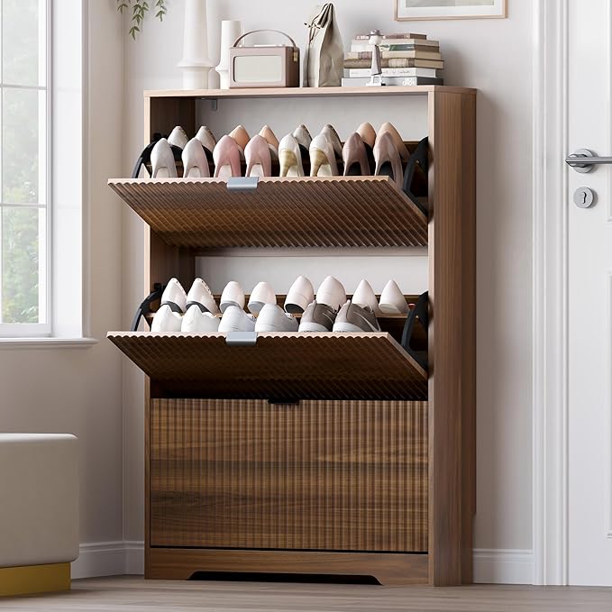 BORNOON Entryway Shoe Cabinet with 3 Flip Drawers, Narrow Shoe Organizer Cabinet with Fluted Panel and Adjustable Shelves for Foyer, Hallway by BORNOON