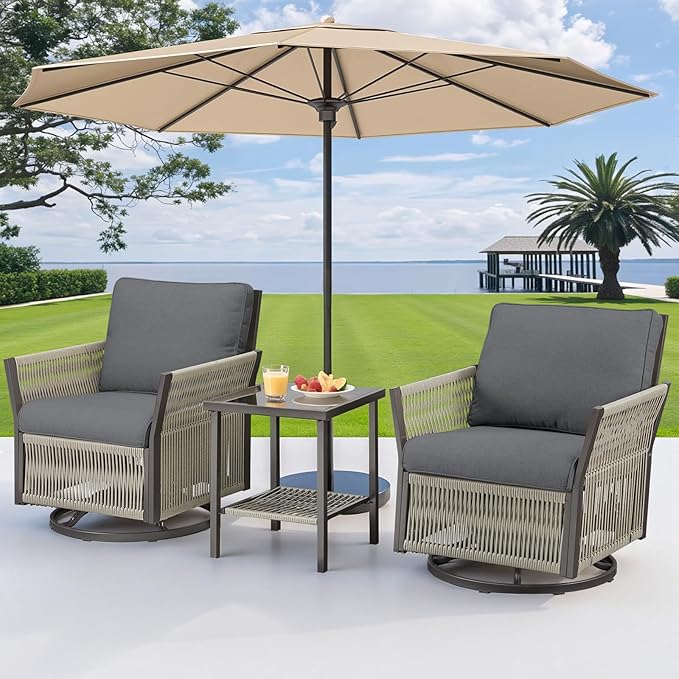 Patio Wicker Chairs Swivel Rocker, Outdoor Swivel Rocking Chairs Set of 2 with Rattan Side Table, 3 Piece Patio Swivel Glider Chair Patio Furniture Sets for Deck Porch Backyard (Grey)