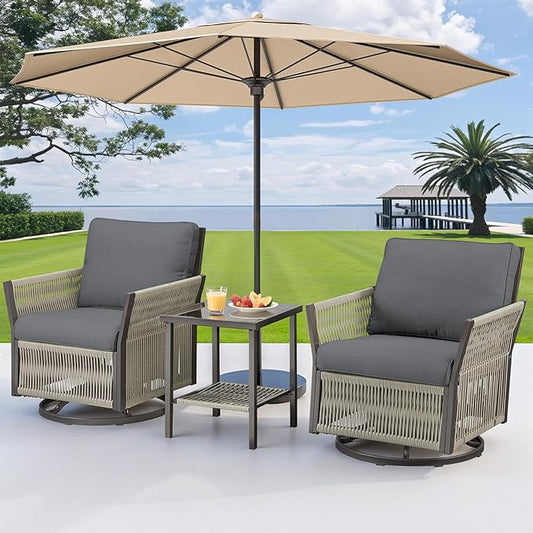 Patio Wicker Chairs Swivel Rocker, Outdoor Swivel Rocking Chairs Set of 2 with Rattan Side Table, 3 Piece Patio Swivel Glider Chair Patio Furniture Sets for Deck Porch Backyard (Grey)