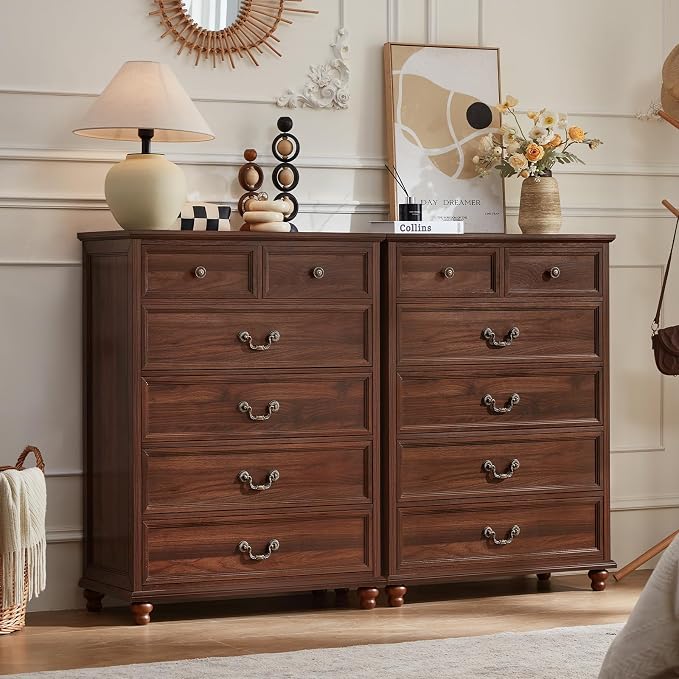 Joaxswe Farmhouse 6 Drawer Dresser for Bedroom, 42" Tall Rustic Chests of Drawers w/ 4 Solid Wood Feet, Mid Century Modern Wooden Closet Storage Dressers Organizer for Living Room, Hallway,Brown - Image 3