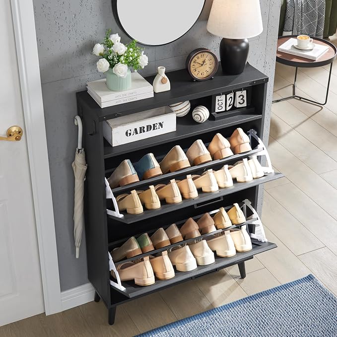 Barnyatoh Shoe Storage Cabinet, Farmhouse Shoe Organizer with 2 Flip Drawers & Barn Door,Freestanding Hidden Slim Narrow Shoe Rack Cabinet with Open Storage for Entryway, Foyer, Black - Image 4