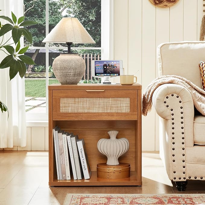 LEYAOYAO Rattan Nightstand with Charging Station, 23" Wide Boho Night Stand with Drawer, Natural Wood Bedside Table Open Storage Cabinet, Bed Side End Tables Dresser for Bedroom, Living Room, Hallway - Image 5