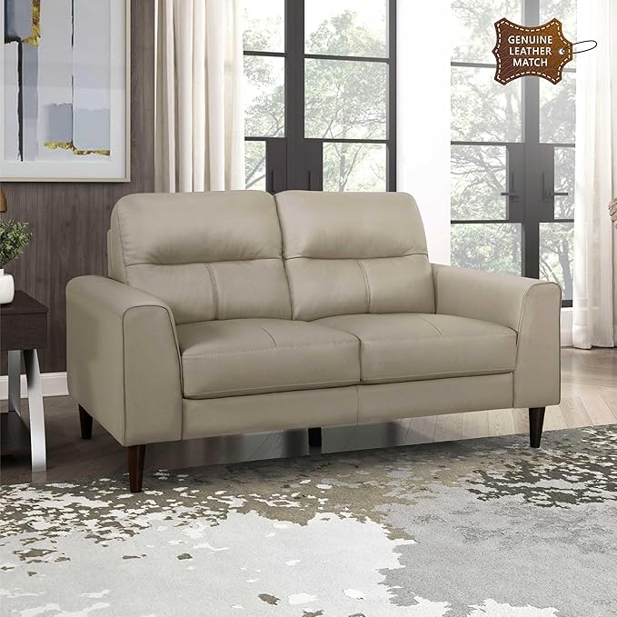 Lexicon Leather Match Loveseat Sofa, Modern Couch Sofa, Oversized Loveseat, Solid Wood Legs, Top Grain Leather 2 Seater Couch for Living Room, Bedroom, Office, Apartment, Waiting Room, Latte