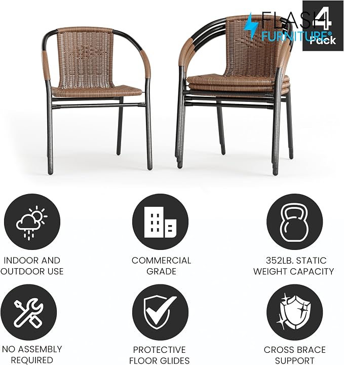 Flash Furniture Lila Modern Rattan Indoor/Outdoor Stackable Dining Chairs, Stacking Rattan Bistro Chairs for Patio or Restaurant, Set of 4, Brown - Image 4