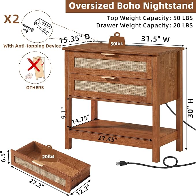 LEYAOYAO 31.5" Wide Rattan Night Stand with Charger Station, Oversized Large Boho Nightstand with 2 Drawer, Tea Brown Bed Side End Tables, Tall Bedside Table for Bedroom Living Room, Hallway - Image 2