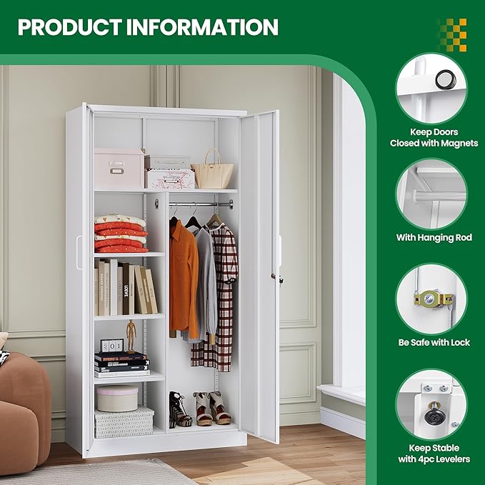 Metal Armoire Wardrobe Closet,72" Metal Storage Cabinet with Lock, 18" D x 36" W Broom Closet with Adjustable Shelves and Hanging Rods, Steel Wardrobe for Home,Bedroom,Office,Employee