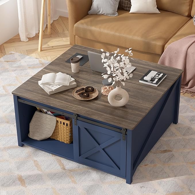 PUKAMI Lift Top Coffee Table with Storage, 31.5" Farmhouse Coffee Table for Living Room, Square Coffee Tables with Large Hidden Storage and Sliding Barn Doors, Navy Blue