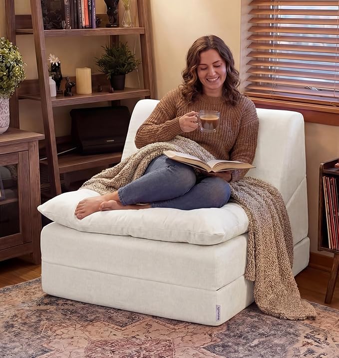 Hobestluk Sofa Couch Folding Sofa Bed Comfy Floor Lounger Convertible Sofa with Removable Cushion Couches for Small Spaces Foldable Mattress for Living Room Bedroom or Office (Chenille Beige, Large)