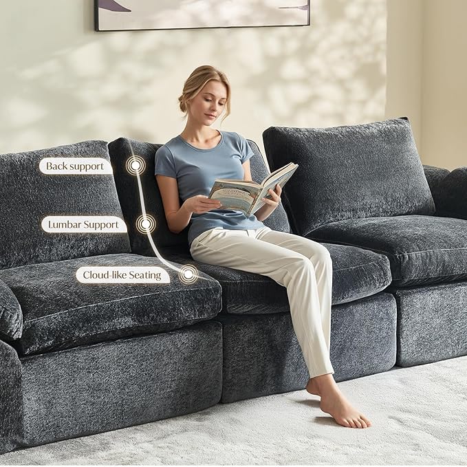Vamcheer U Shaped Cloud Couch - Utra Soft Modular Sectional Sofa with 2 Movable Ottoman, Deep Seat Boneless Couches for Living Room, Bedroom, Office, No Assembly Required, Grey