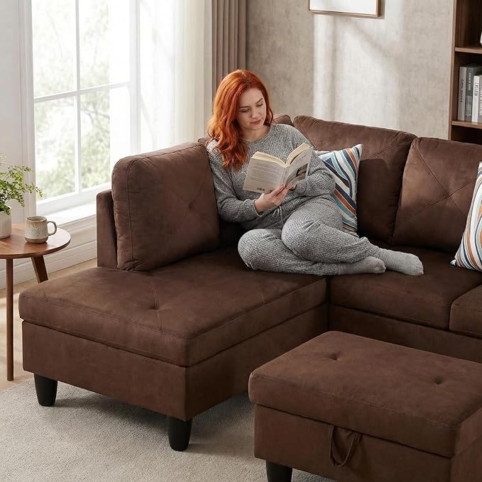 3-Piece L-Shaped Modular Leather Sofa – Convertible Sectional Couch with Movable Chaise & Storage Ottoman, Multi-Scene Use for Living Room, Apartment & Office, Brown