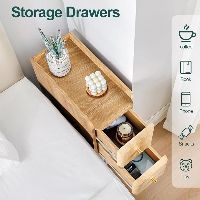 Narrow End Table Bedroom, Wooden Small 2 Drawer Nightstand, Thin Couch Side End Table, Skinny Bedside Table Small Spaces, Mid Century Modern Night Stand with Drawers (Natural-1 pc) - Image 6