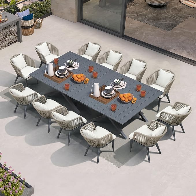 PURPLE LEAF 14 Pieces Patio Dining Set Wicker Outdoor Furniture Oversize Rectangular Table and Chairs Set for Garden Deck Aluminum Frame Backyard Kitchen Set, Cushions and Pillows Included Taupe by PURPLELEAF