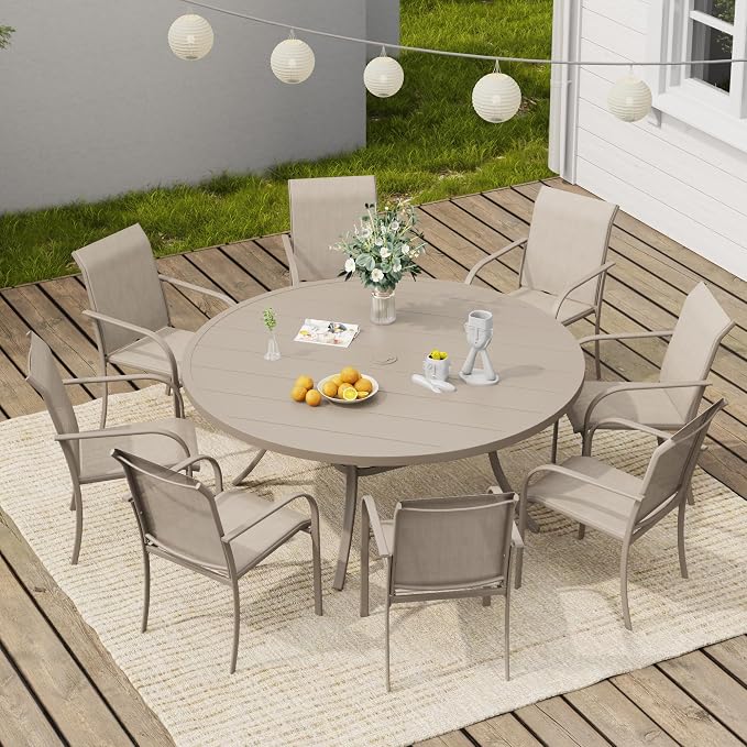 VICLLAX Round Outdoor Dining Set, Patio Table and Chairs Set Set of 8 Patio Stackable Chairs and 53" Outdoor Round Table with Umbrella Hole for Backyard Lawn Garden, Grey Chairs and Grey Table by HOME