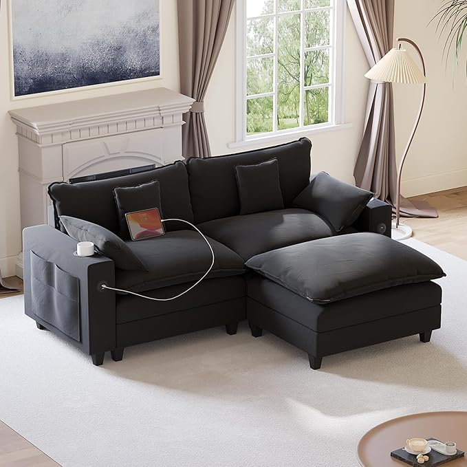 80.7" Modular Sectional Sofa, L Shaped Cloud Couch with Movable Ottoman, Chenille Deep Seat Cloud Sofa with Charging Station, Cup Holder, Side Pocket, Sectional Couches for Living Room, Black