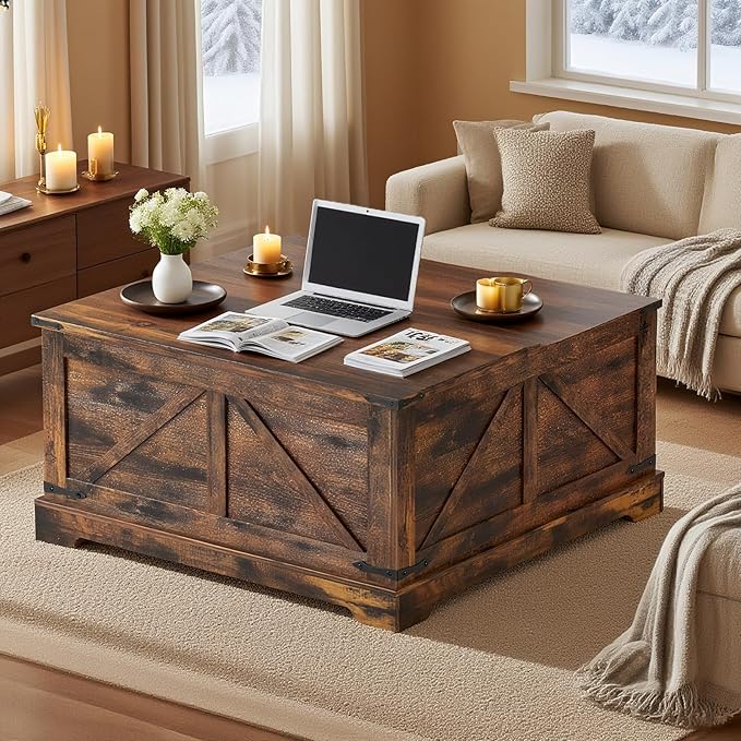 Vabches 35.4" Lift Top Coffee Table, Farmhouse Square Coffee Tables with Storage for Living Room, Center Table with USB Charging Station and Hidden Space, Grey