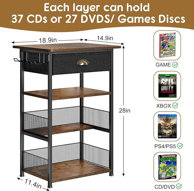 Hongtamoya 4-Tier AV Media Stand with Drawer, Video Game Console Shelf with 2 Hooks, Audio Rack Tower Perfect for/Xbox/ PS5/Switch/Game Consoles/DVD/Record Player/Projector/Sky Box/TV Accessories - Image 6