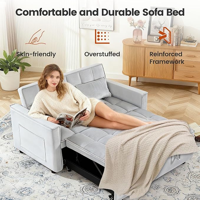 3 in 1 Sofa Bed, Love Seat Sleeper Bed with Side Pockets, Velvet Fabric Pull Out Couch with Adjustable Backrest for Living Room, Bedroom, Apartment,Gray