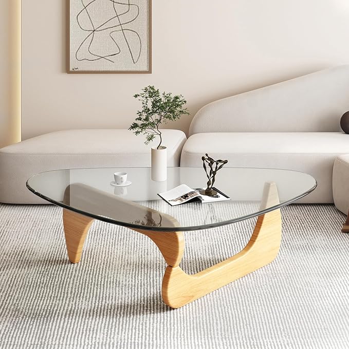 Modern Large Glass Triangle Coffee Table - Unique Wooden Center Table with Wood Legs, Funky Vintage Minimalist Design for Small Spaces