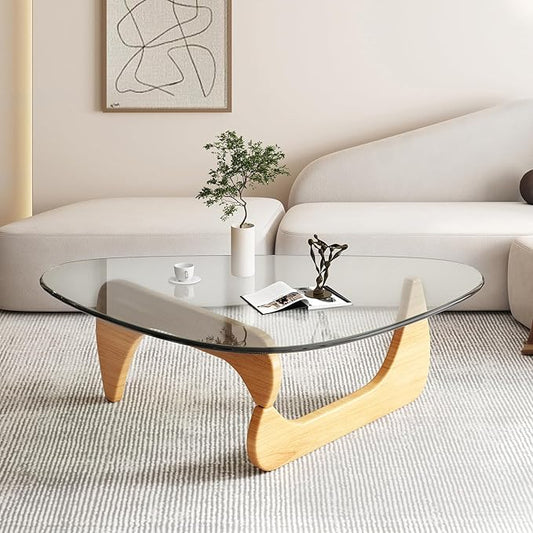 Modern Large Glass Triangle Coffee Table - Unique Wooden Center Table with Wood Legs, Funky Vintage Minimalist Design for Small Spaces