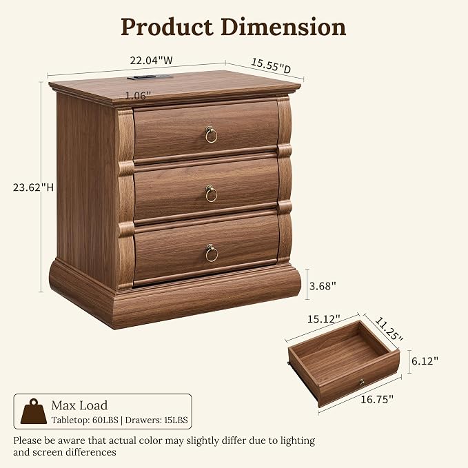 ACCOHOHO 22" Vintage Nightstand with 3 Curved Front Drawers & Retro Ring Pulls & Charging Station, Wood Bedside Table, End Table with Stable Base for Bedroom, Black Walnut Side Table - Image 2