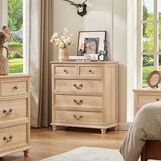 Joaxswe Farmhouse 5 Drawer Dresser for Bedroom, 35" Tall Rustic Chests of Drawers w/ 4 Solid Wood Feet, Mid Century Modern Wooden Closet Storage Dressers Organizer for Living Room, Hallway,Natural - Image 9