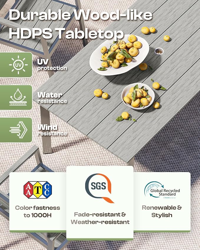 Outdoor Dining Set for 6, Patio Table and Chairs Set with Umbrella Hole, 7 Pieces HDPS + Aluminum Outdoor Furniture Sets for Patio, Garden (Gray & Teak) - Image 3
