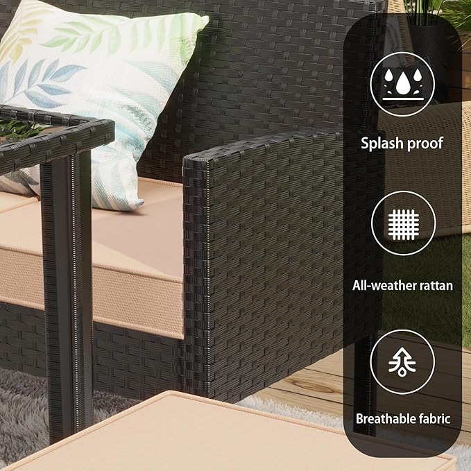 7-Piece Outdoor Patio Furniture Set, Wicker Sectional Sofa with Cushions & 3 Pillows, All-Weather Conversation Set with Long Glass Coffee Table for Garden, Porch, Lawn, Khaki